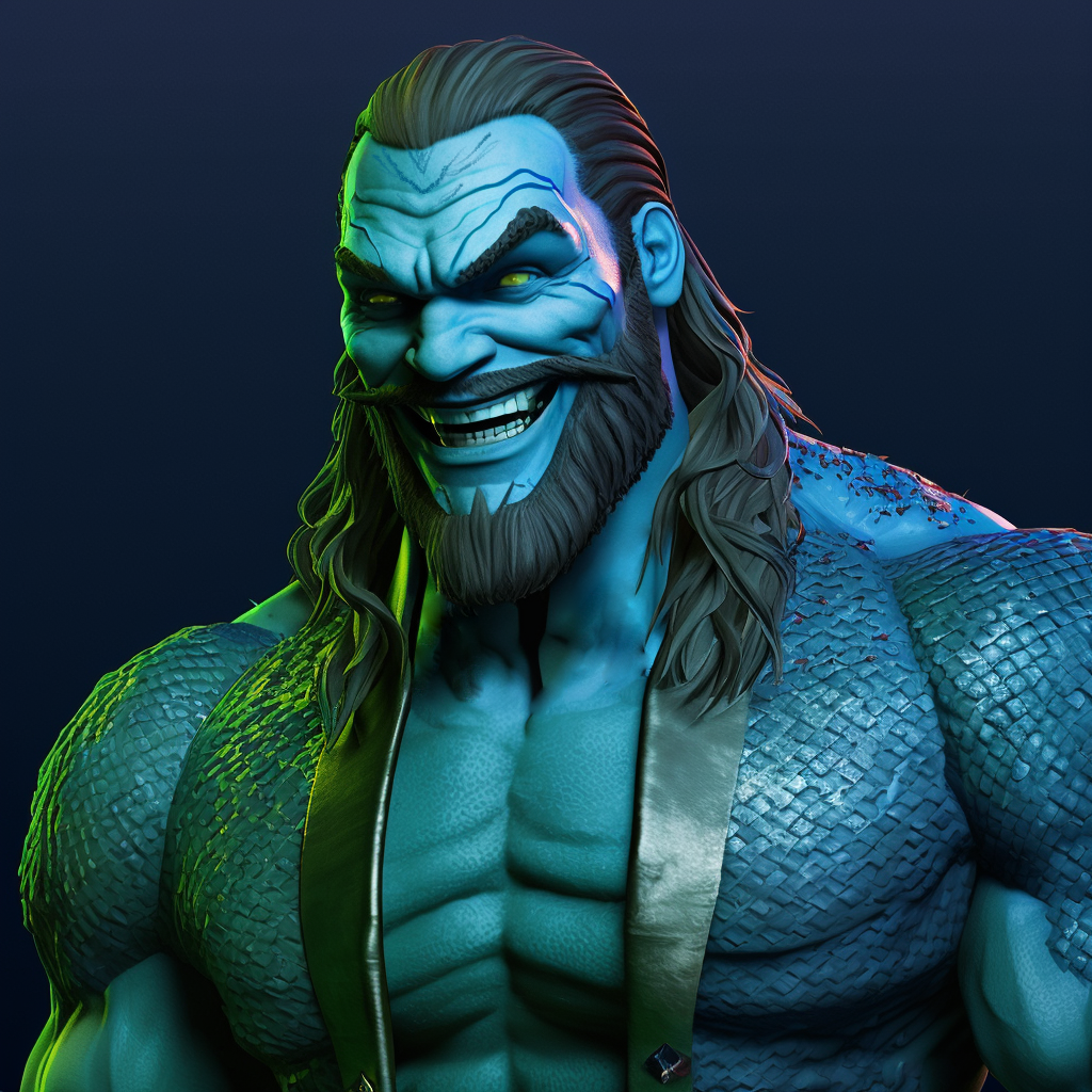 bearded, blue-green-skinned alien with a large grin