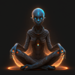 strange, hairless alien being in yoga-like pose