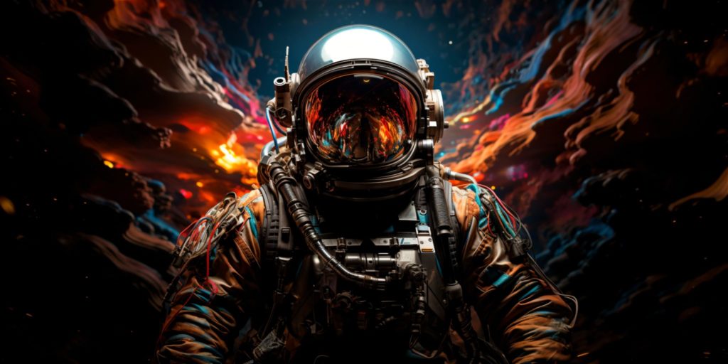 Astronaut in colorful space.